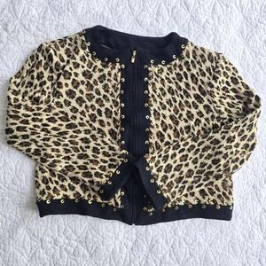 St.John Collection Leopard Print Zip Up Grommet Trim Knit Sweater Cardigan